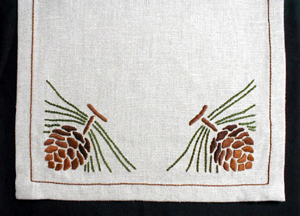 Pinecone Table Linen, corner design, custom order